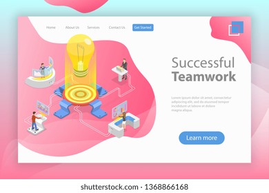 Flat isometric vector landing pagte template of effective teamwork, business team, brainstorm.