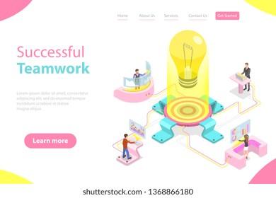 Flat isometric vector landing pagte template of effective teamwork, business team, brainstorm.