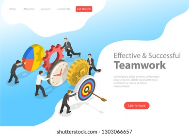 Flat isometric vector landing pate template of effective teamwork, business team, brainstorm.