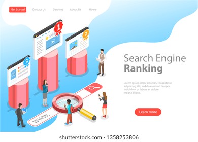 Flat isometric vector landing pate template of seo ranking, website optimization marketing, web analytics, search engine.