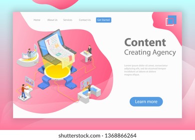 Flat isometric vector landing pate template of content creating, copywriting, creative writing, content marketing.