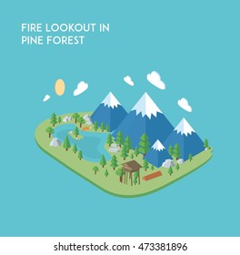 Flat isometric vector of pine forest and fire lookout