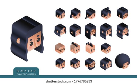 Flat isometric vector set. Avatars of men and women with black hair. Different haircuts and hairstyles. Piercing, glasses and earrings design element.
