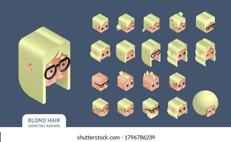Flat isometric vector set. Avatars of men and women with blond hair. Different haircuts and hairstyles. Piercing, glasses and earrings design element. Face icons.
