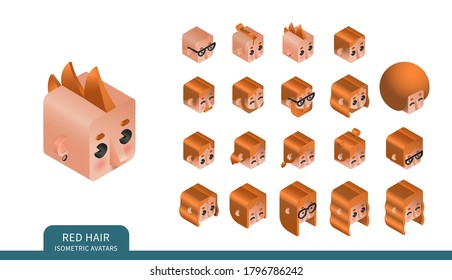 Flat isometric vector set. Avatars of men and women with red hair. Different haircuts and hairstyles. Piercing, glasses and earrings design element. Face icons.