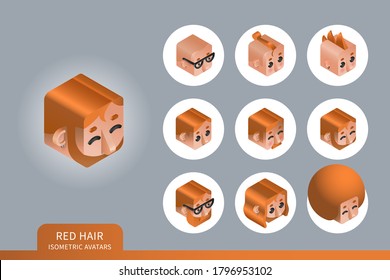 Flat isometric vector set. Avatars of men with red hair. Different haircuts and hairstyles. Piercing, glasses and earrings design element.