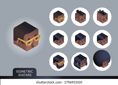 Flat isometric vector set. Avatars of Black men. Different haircuts and hairstyles. Piercing, glasses and earrings design element. Face icons.