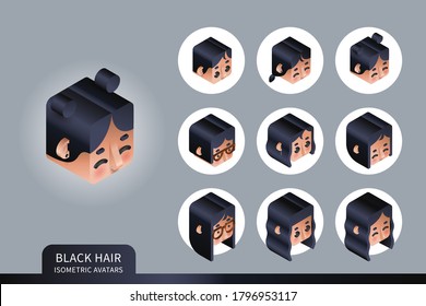 Flat isometric vector set. Avatars of women with black hair. Different haircuts and hairstyles. Piercing, glasses and earrings design element.