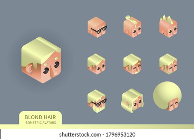 Flat isometric vector set. Avatars of men with blond hair. Different haircuts and hairstyles. Piercing, glasses and earrings design element.