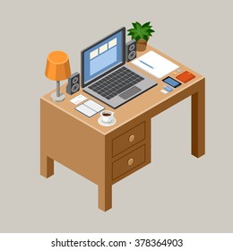 Flat isometric vector workspace. Desk. Office. laptop,  smartphone, lamp, coffee