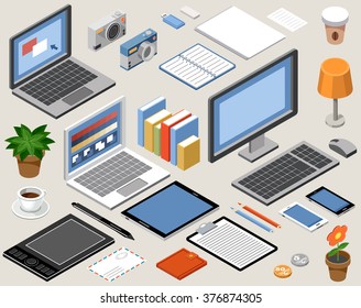 Flat isometric vector workspace. laptop, tablet, books, camera, office, graphic tablet, lamp, coffee