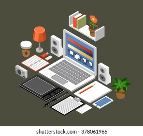 Flat isometric vector workspace. Office. laptop, tablet, books, camera, office, graphic tablet, lamp, coffee