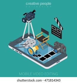 Flat isometric video content editing icons on smartphone vector illustration. 3d isometry motion media app concept. Camcorder, clapper, DSLR camera, film, director chair, filmstrip objects.
