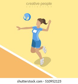 Flat isometric Volleyball Player beating the ball vector illustration. Volley Team sports 3d isometry image.