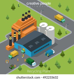 Flat isometric waste incineration plant exterior with transport on yard vector illustration. Building, truck, workers. 3d isometry recycling, nature care, alternative resource, incinerator concept.