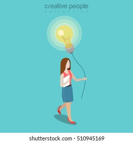 Flat isometric Woman holding thread with balloon made of lamp vector illustration. 3d isometry business ideas and innovation concept.