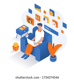 Concepto de trabajo en línea isométrico plano, Man Working at Home Office. Sentado de personajes en la habitación, mirando la pantalla del ordenador y hablando con colegas en línea. Concepto del Ministerio del Interior. Ilustración del vector
