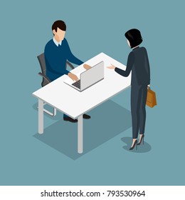 Flat isometric working people at office vector illustration. Manager talks with female and looking at laptop screen. 3d isometry business concept.
