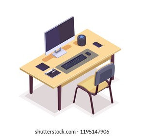 Flat isometric workspace with desktop on table. Connected computer with modern wireless devices set. 3d vector illustration.