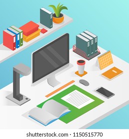 Flat isometric workspace work place concept vector isolated. Desktop computer.
