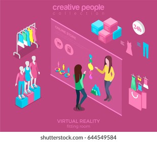 Flat isometric young woman choosing sweeter colour in virtual dressing room vector illustration. 3d isometry Online Shopping concept. Pink store interior with rack, mannequin and touching screen.