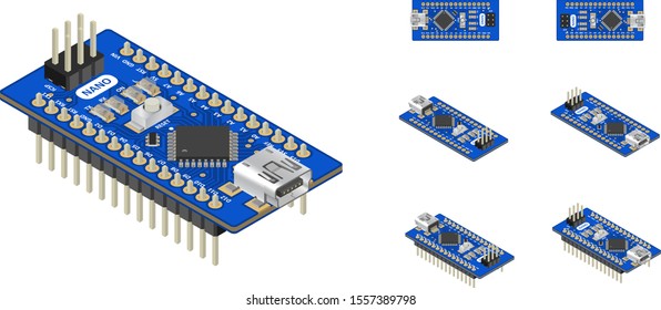 flat and isometry set of mini printed circuit boards (PCB)  with electronic components