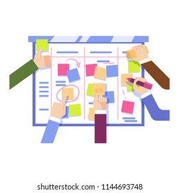 Flat IT, software developers, manager or designers hands working with big scrum agile board with daily tasks, kan ban desk with sticky notes. Vector illustration.