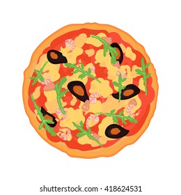 Flat Italian pizza with fish, mussels, arugula, shrimp and a variety of sauces. Hand drawn vector illustration.