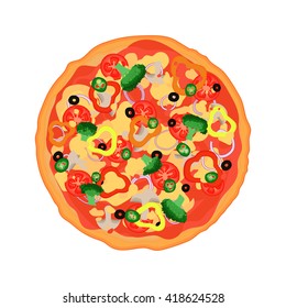 Flat Italian pizza with tomatoes, pepper, broccoli, chili peppers, olives and a variety of sauces. Hand drawn vector illustration.