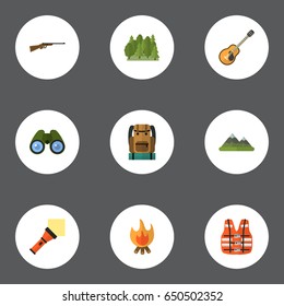 Flat Jacket, Fire, Music And Other Vector Elements. Set Of Camping Flat Symbols Also Includes Lighter, Glass, Zoom Objects.