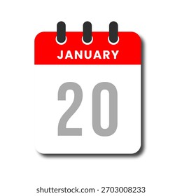 Icono de calendario plano del 20 de enero en rojo y blanco, concepto de diseño de planificador minimalista.