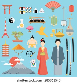 Flat Japan icons and symbols set. Illustration on Japanese theme.