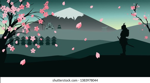 flat japan landscape and fuji mountain with 
beautiful sakura and samurai, flat vector illustration.