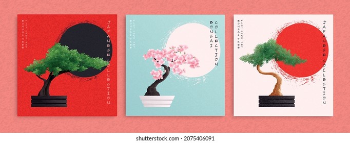 Flat japanese cards collection with potted green and blooming bonsai trees isolated on textured background vector illustration