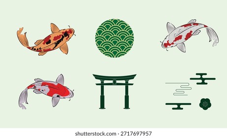 Ilustración japonesa plana de fondo con el icono de pez Koi, ícono de puerta Torii, ícono de círculo de onda Seigaiha, ícono de adorno de nube, carpa naranja blanca roja para diseño de Anuncio asiático moderno