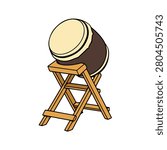 Flat Japanese Taiko Drum on Wooden Stand Vector Illustration