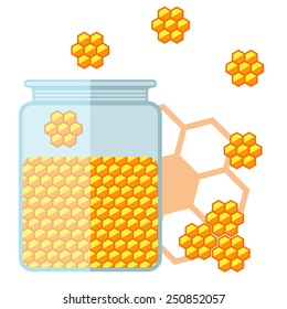 Flat jar of honey. Vector illustration.