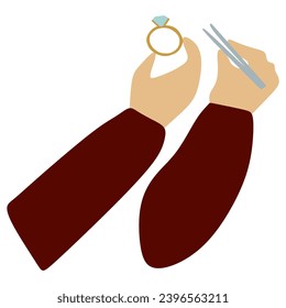 Flat jeweler hands Holding Tweezers and Big Brilliant ring. Cartoon Brilliant icon. Jeweler profession. Jeweler day card. Vector illustration isolated on white. Jewelry making concept.