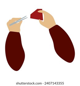 Flat jeweler hands Holding Tweezers and Big Ruby Gemstone. Red Brilliant icon. Jeweler profession. Jeweler day card. Vector Cartoon illustration isolated on white. Jewelry making concept.