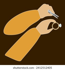 Flat jeweler hands Holding Tweezers and Ring with Big Gemstone. Cartoon Brilliant icon. Jeweler profession. Jeweler day card. Vector illustration isolated on white. Jewelry making concept.