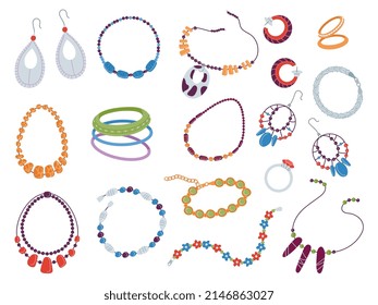 Flat jewelry collection  Vintage beads  necklace   chain  Fashion earrings   bracelets  flat jewelries   accessories and pendant decent vector set