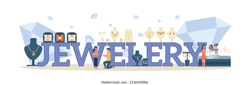 Flat jewelry store composition big headline jewelry displays and big diamonds around vector illustration