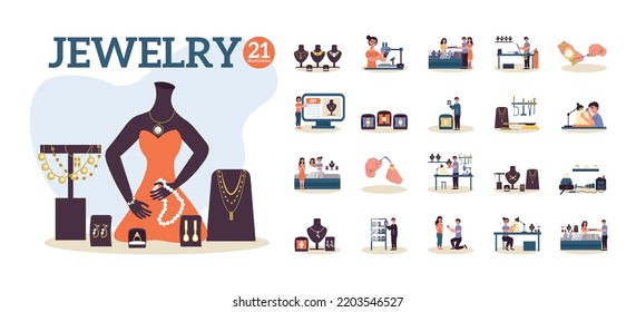 Flat jewelry store composition icon set with jewelry workshop online store showcases with necklaces craftsmen and salesmen at work vector illustration