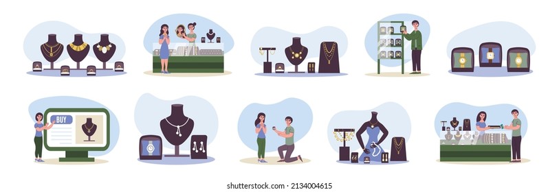 Flat jewelry store icon set glass showcases from the store gold necklaces and jewelry vector illustration