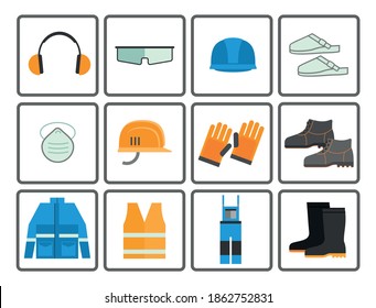 Flat job safety equipment vector icons set. Safety icon, equipment, job industrial, safety headgear and protection boot. Vector illustration.
