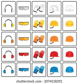 Juego de iconos vectoriales de equipos de seguridad de trabajo planos. Icono de seguridad, equipo, trabajo industrial. Ilustración vectorial.
