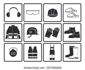 Flat job safety equipment vector icons set. Safety icon, equipment, job industrial, safety headgear and protection boot. Vector illustration.