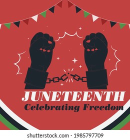 flat juneteenth celebration illustration Commemorative banner, with rounded with a high up fist and greeting message with splashes in Pan-African colors and date for this event: 19th June. Vectors.