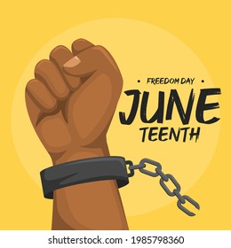 flat juneteenth celebration illustration Commemorative banner in flat style and long shadow, with rounded with high up fist and greeting message with Juneteenth symbols to celebrate Freedom Day.