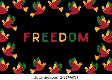 Flat Juneteenth horizontal banner and placard with text Freedom. Vector flat animalistic elements in traditional African colors for social media. Isolated text on black background